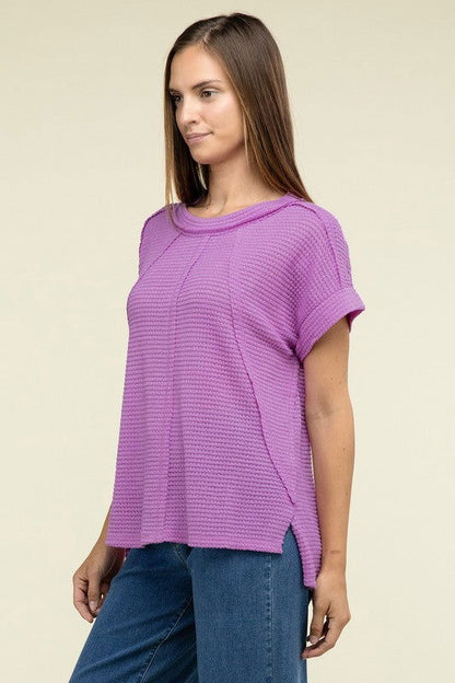 ZENANA Brushed Waffle Exposed-Seam Short Sleeve Top us.meeeshop - 