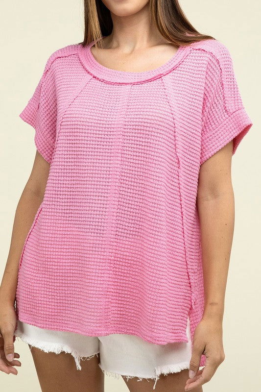 ZENANA Brushed Waffle Exposed-Seam Short Sleeve Top us.meeeshop - 