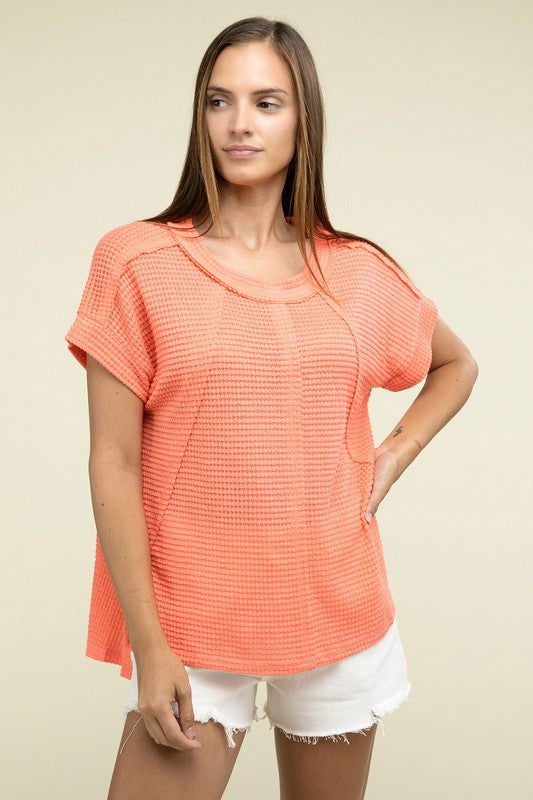 ZENANA Brushed Waffle Exposed-Seam Short Sleeve Top us.meeeshop - 