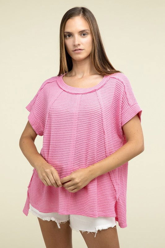 ZENANA Brushed Waffle Exposed-Seam Short Sleeve Top us.meeeshop - 