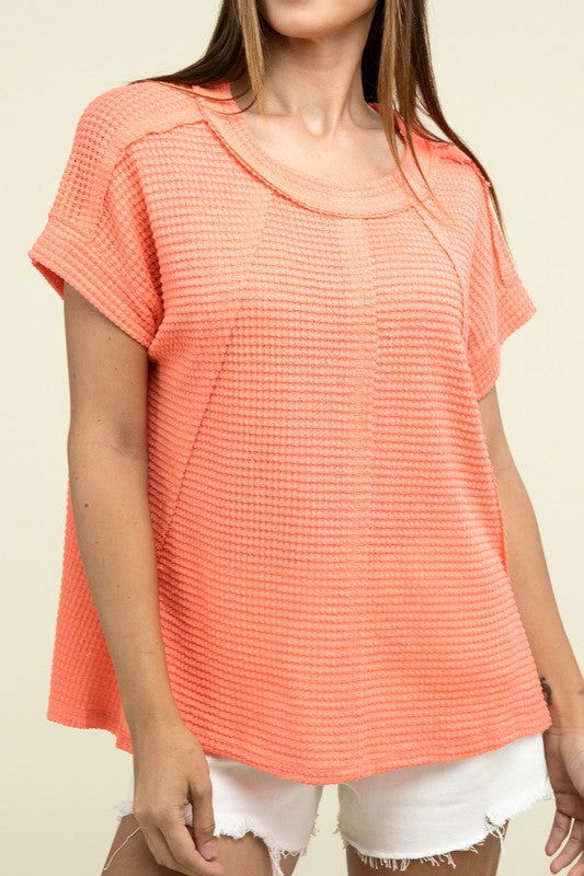 ZENANA Brushed Waffle Exposed-Seam Short Sleeve Top us.meeeshop - 