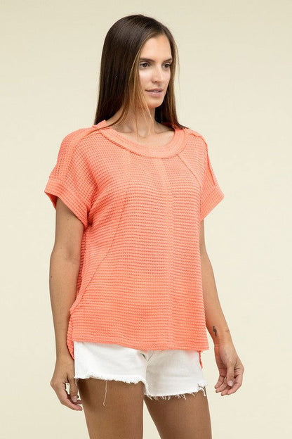 ZENANA Brushed Waffle Exposed-Seam Short Sleeve Top us.meeeshop - 