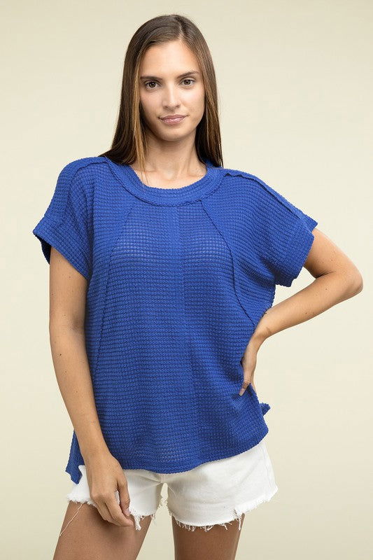 ZENANA Brushed Waffle Exposed-Seam Short Sleeve Top us.meeeshop - 