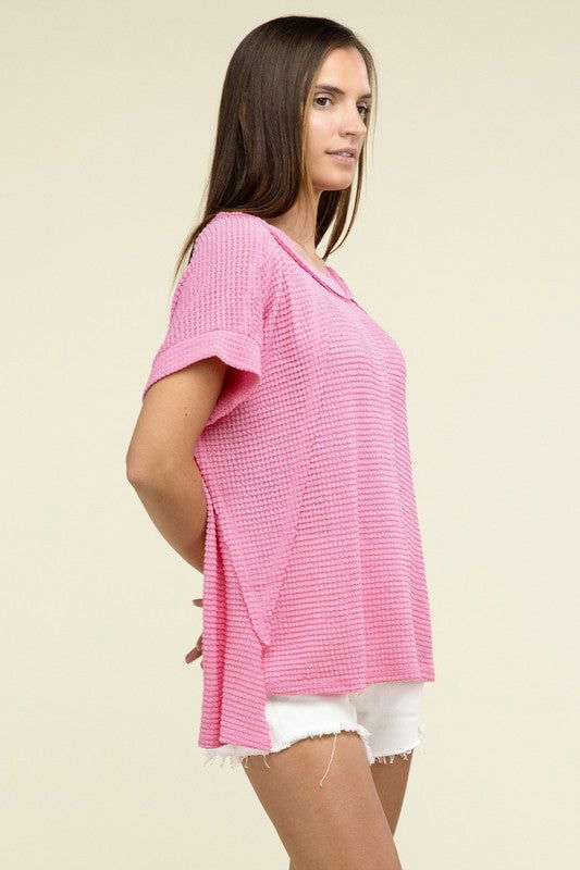 ZENANA Brushed Waffle Exposed-Seam Short Sleeve Top us.meeeshop - 