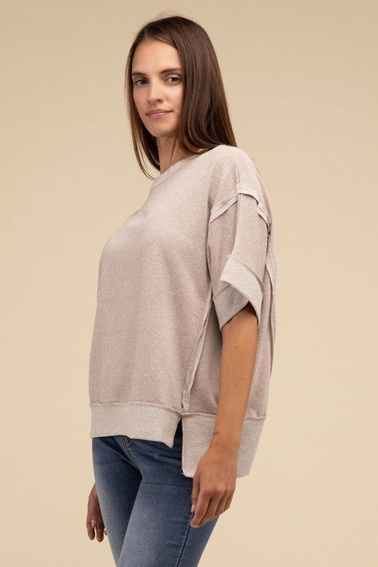 ZENANA Contrast Trim Top Stitching Drop Shoulder Top us.meeeshop - 