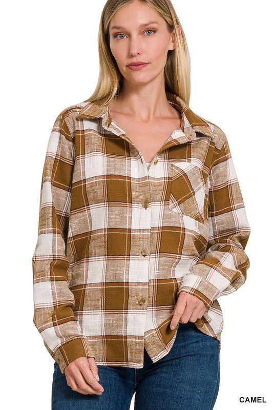 ZENANA | Cotton Plaid Shacket With Front Pocket us.meeeshop - 