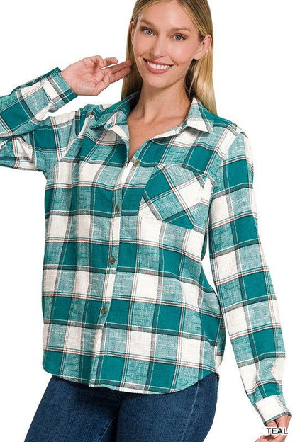 ZENANA | Cotton Plaid Shacket With Front Pocket us.meeeshop - 