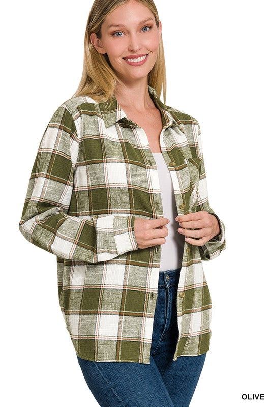 ZENANA | Cotton Plaid Shacket With Front Pocket us.meeeshop - 