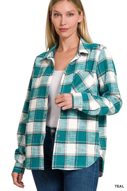 ZENANA | Cotton Plaid Shacket With Front Pocket us.meeeshop - 