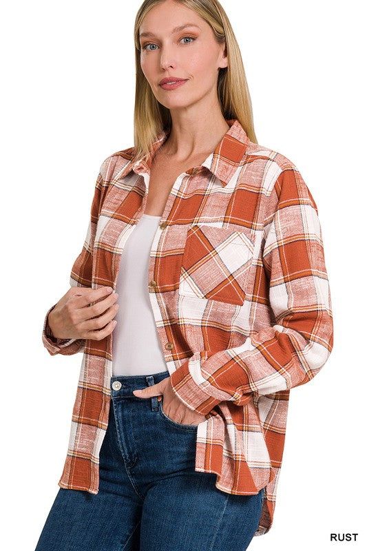 ZENANA | Cotton Plaid Shacket With Front Pocket us.meeeshop - 