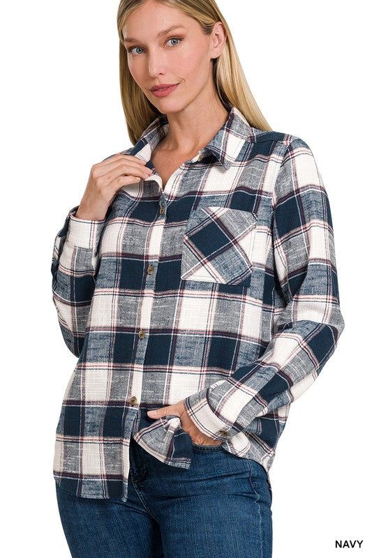 ZENANA | Cotton Plaid Shacket With Front Pocket us.meeeshop - 