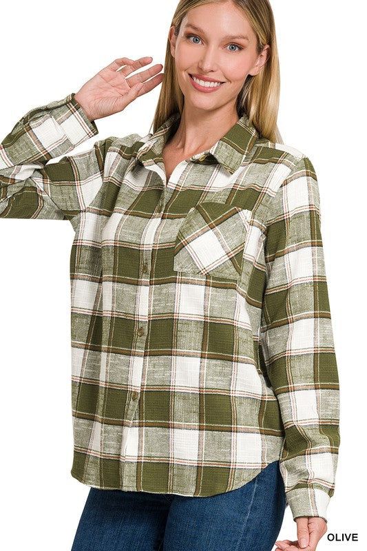 ZENANA | Cotton Plaid Shacket With Front Pocket us.meeeshop - 