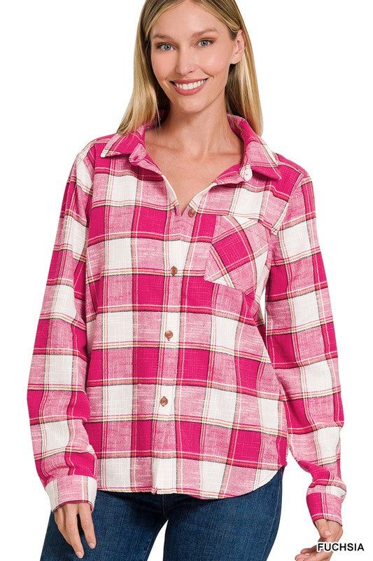 ZENANA | Cotton Plaid Shacket With Front Pocket us.meeeshop - 