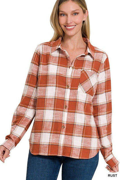 ZENANA | Cotton Plaid Shacket With Front Pocket us.meeeshop - 