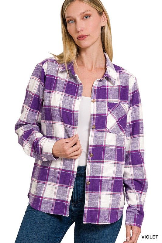 ZENANA | Cotton Plaid Shacket With Front Pocket us.meeeshop - 