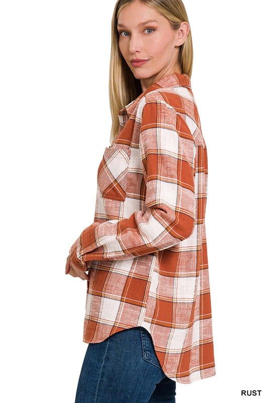 ZENANA | Cotton Plaid Shacket With Front Pocket us.meeeshop - 