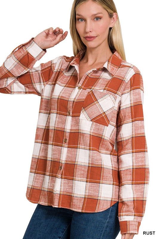 ZENANA | Cotton Plaid Shacket With Front Pocket us.meeeshop - 