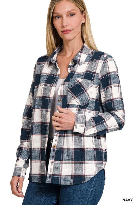 ZENANA | Cotton Plaid Shacket With Front Pocket us.meeeshop - Coats & Jackets