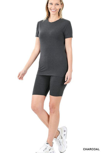 ZENANA | Cotton Round Neck Top & Bike Shorts Set us.meeeshop - 