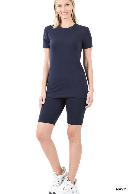 ZENANA | Cotton Round Neck Top & Bike Shorts Set us.meeeshop - 