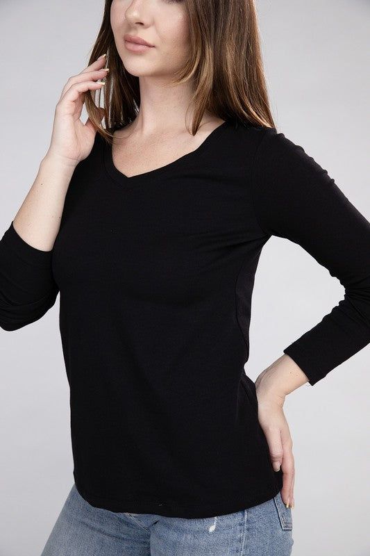 ZENANA | Cotton V-Neck Long Sleeve T-Shirt us.meeeshop - Shirts & tops