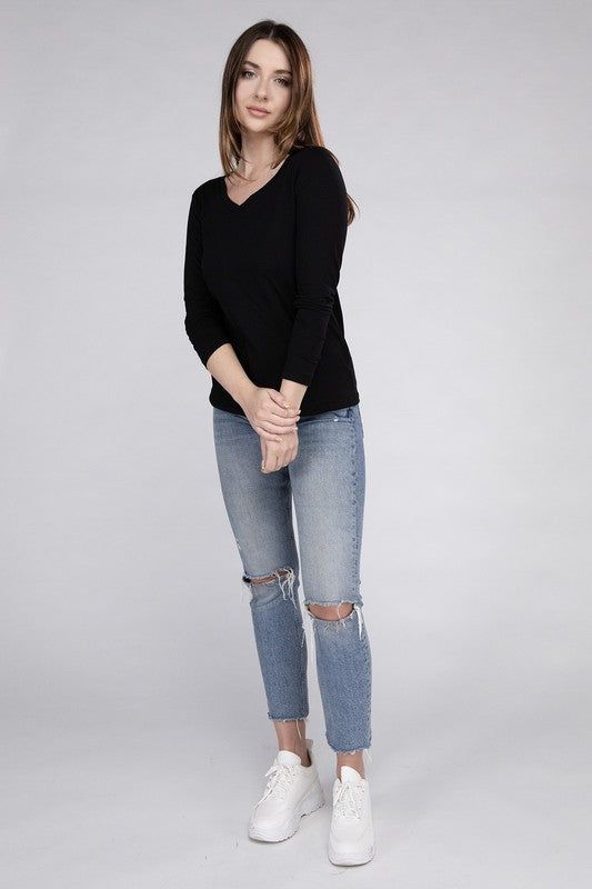 ZENANA | Cotton V-Neck Long Sleeve T-Shirt us.meeeshop - 