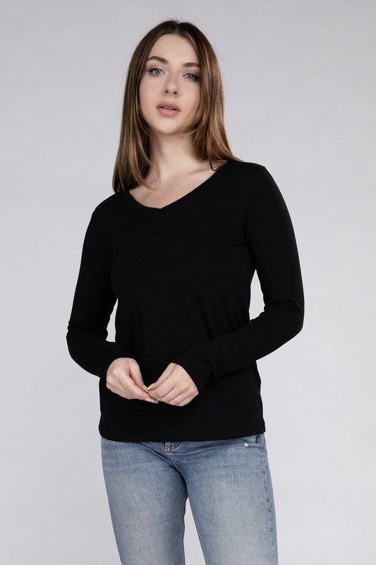 ZENANA | Cotton V-Neck Long Sleeve T-Shirt us.meeeshop - 