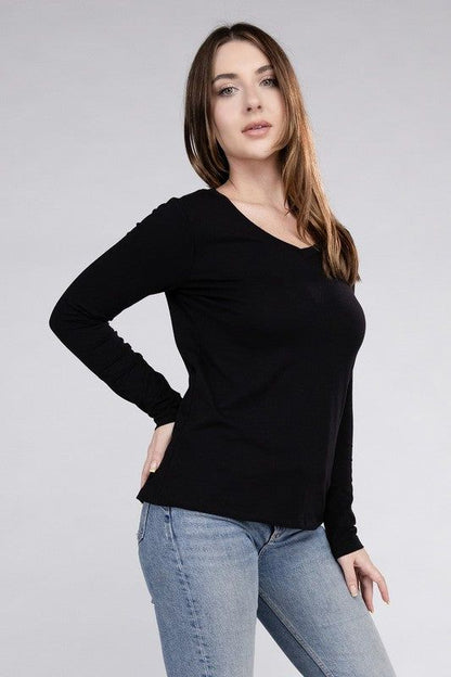 ZENANA | Cotton V-Neck Long Sleeve T-Shirt us.meeeshop - 