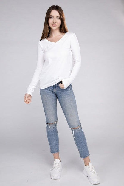 ZENANA | Cotton V-Neck Long Sleeve T-Shirt us.meeeshop - 