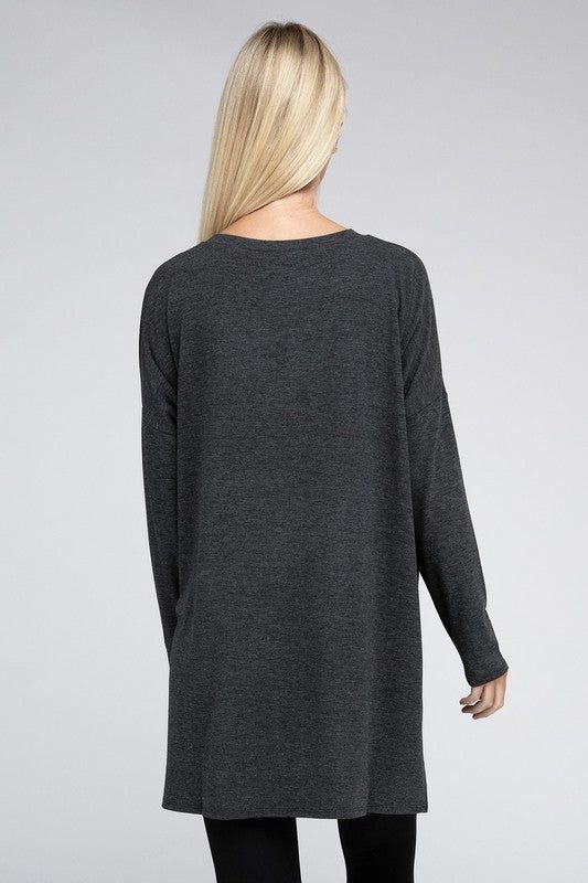 ZENANA Dolman Long Sleeve V-Neck Side Slit Hi-Low Hem Top us.meeeshop - 