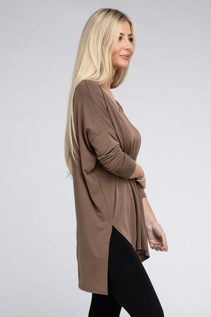 ZENANA Dolman Long Sleeve V-Neck Side Slit Hi-Low Hem Top us.meeeshop - 