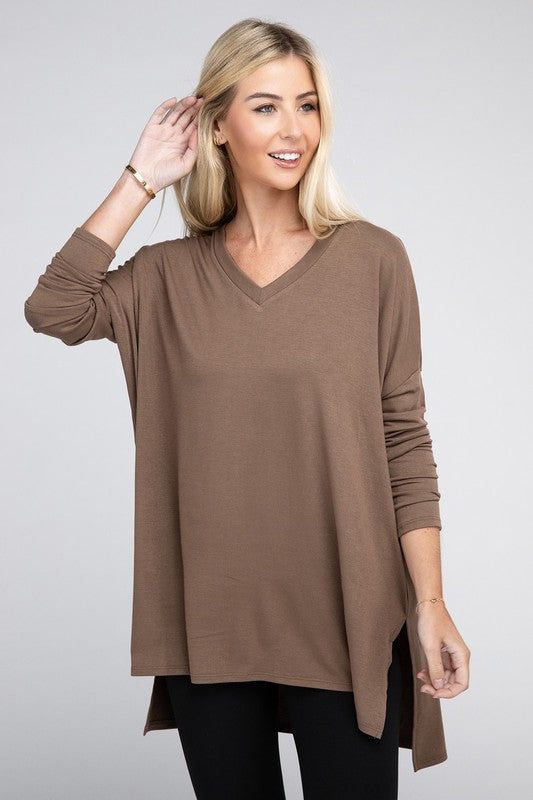 ZENANA Dolman Long Sleeve V-Neck Side Slit Hi-Low Hem Top us.meeeshop - 