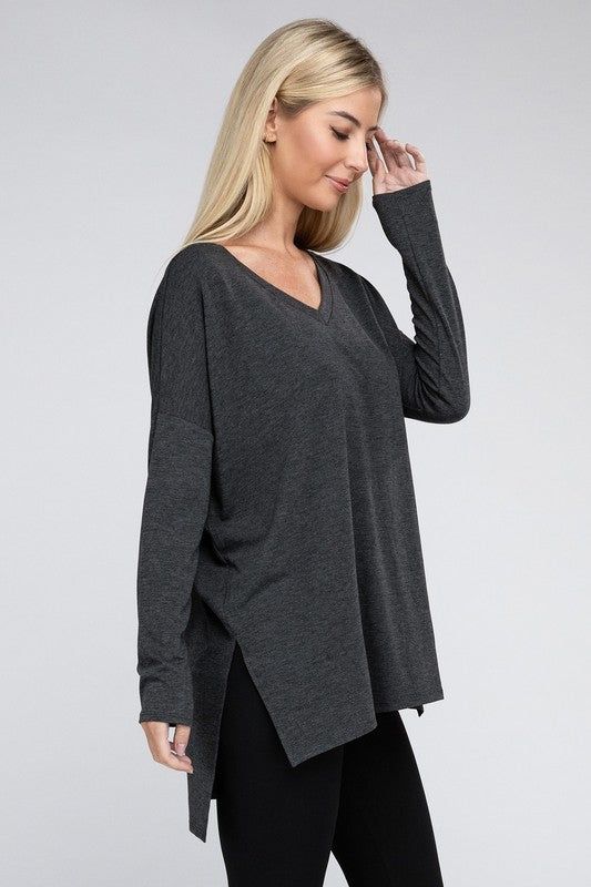 ZENANA Dolman Long Sleeve V-Neck Side Slit Hi-Low Hem Top us.meeeshop - 