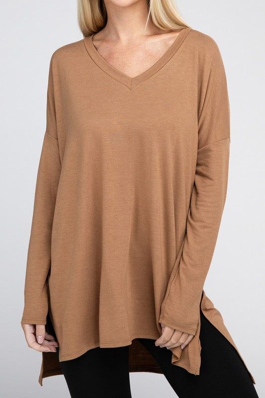 ZENANA Dolman Long Sleeve V-Neck Side Slit Hi-Low Hem Top us.meeeshop - 