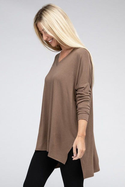 ZENANA Dolman Long Sleeve V-Neck Side Slit Hi-Low Hem Top us.meeeshop - 