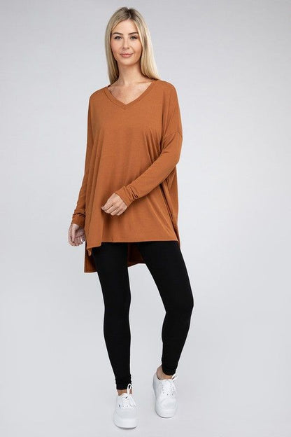 ZENANA Dolman Long Sleeve V-Neck Side Slit Hi-Low Hem Top us.meeeshop - 