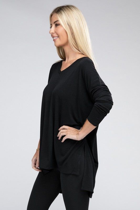 ZENANA Dolman Long Sleeve V-Neck Side Slit Hi-Low Hem Top us.meeeshop - 