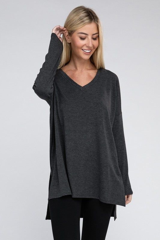 ZENANA Dolman Long Sleeve V-Neck Side Slit Hi-Low Hem Top us.meeeshop - 