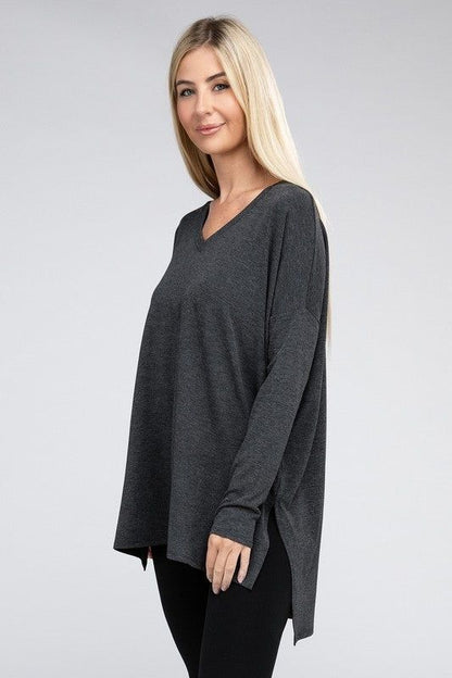 ZENANA Dolman Long Sleeve V-Neck Side Slit Hi-Low Hem Top us.meeeshop - 