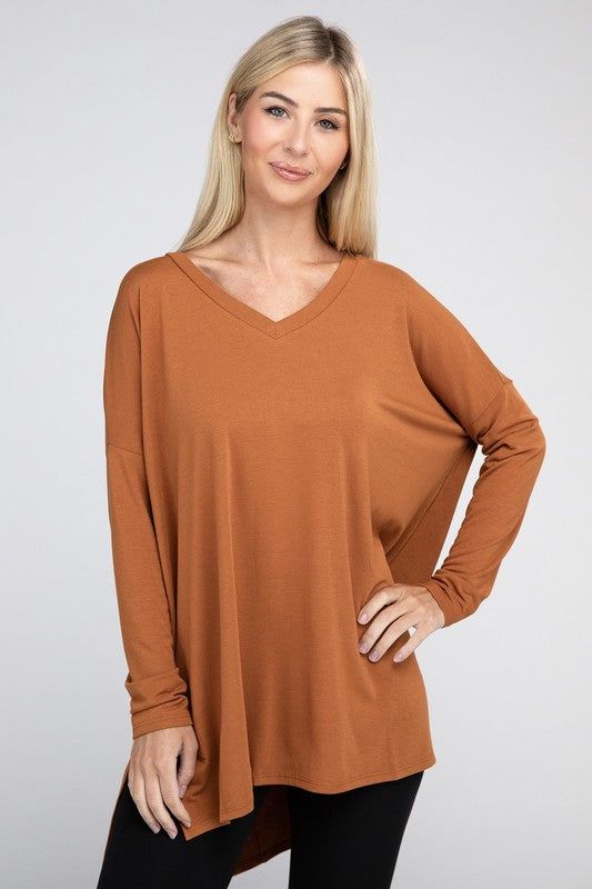 ZENANA Dolman Long Sleeve V-Neck Side Slit Hi-Low Hem Top us.meeeshop - 