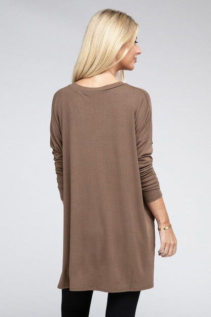 ZENANA Dolman Long Sleeve V-Neck Side Slit Hi-Low Hem Top us.meeeshop - 