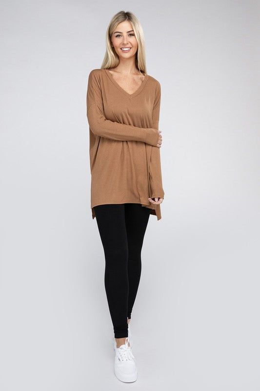 ZENANA Dolman Long Sleeve V-Neck Side Slit Hi-Low Hem Top us.meeeshop - 