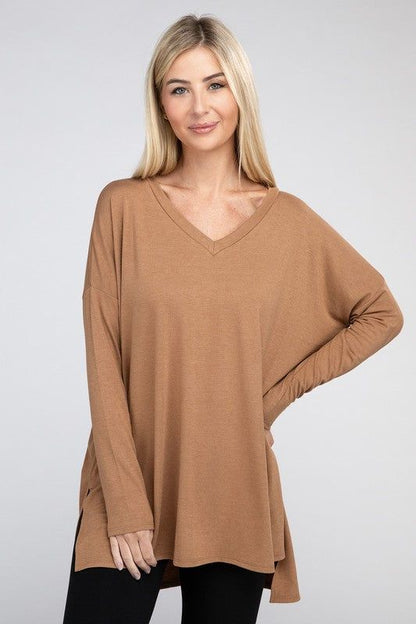 ZENANA Dolman Long Sleeve V-Neck Side Slit Hi-Low Hem Top us.meeeshop - 