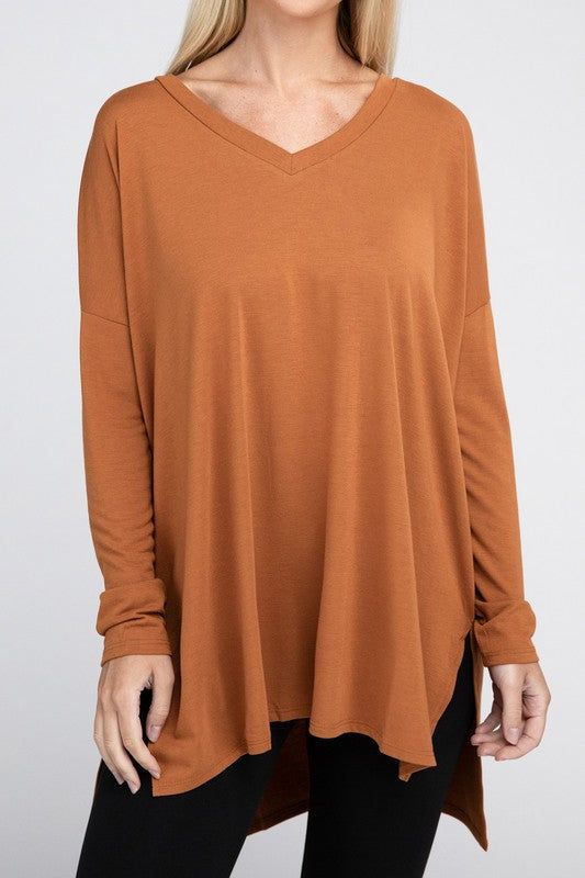 ZENANA Dolman Long Sleeve V-Neck Side Slit Hi-Low Hem Top us.meeeshop - 