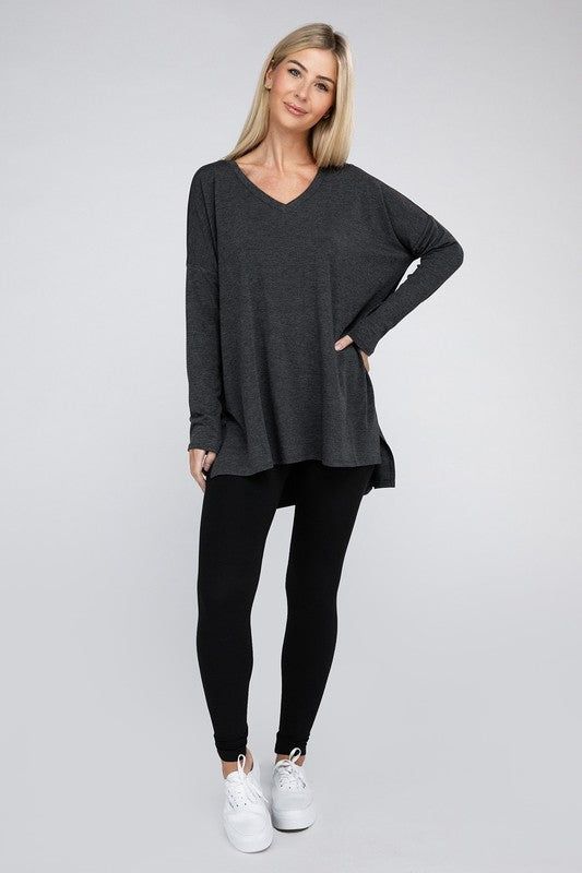 ZENANA Dolman Long Sleeve V-Neck Side Slit Hi-Low Hem Top us.meeeshop - 