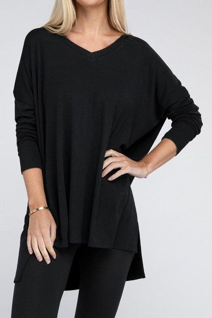 ZENANA Dolman Long Sleeve V-Neck Side Slit Hi-Low Hem Top us.meeeshop - 