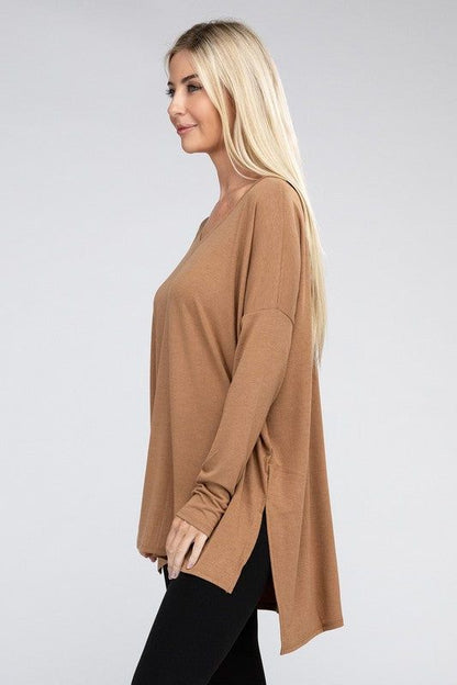 ZENANA Dolman Long Sleeve V-Neck Side Slit Hi-Low Hem Top us.meeeshop - 