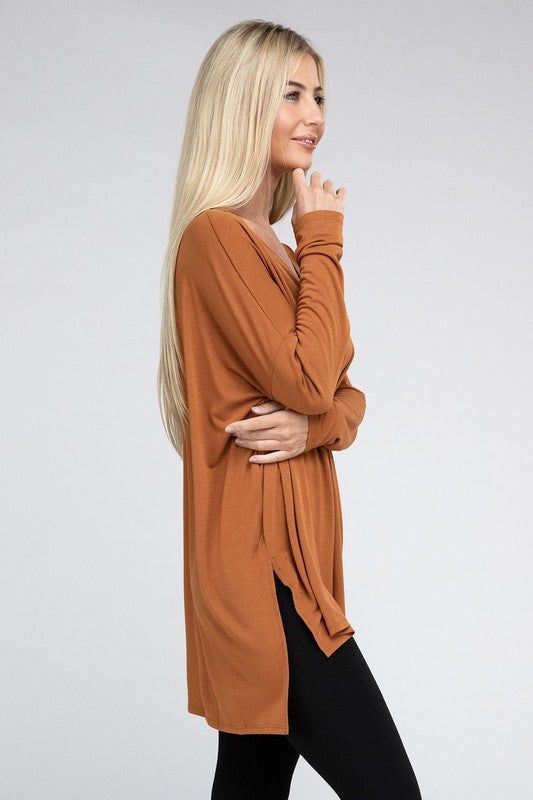 ZENANA Dolman Long Sleeve V-Neck Side Slit Hi-Low Hem Top us.meeeshop - 