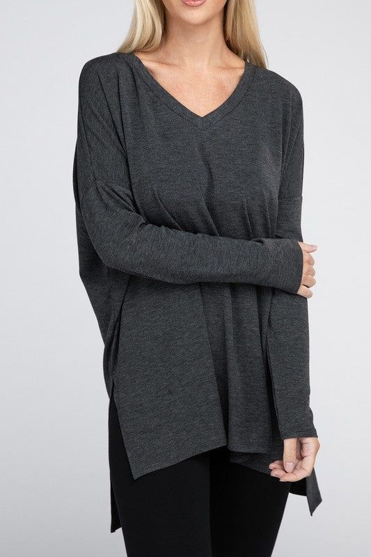 ZENANA Dolman Long Sleeve V-Neck Side Slit Hi-Low Hem Top us.meeeshop - 