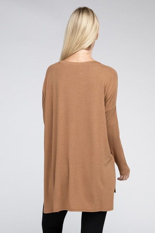 ZENANA Dolman Long Sleeve V-Neck Side Slit Hi-Low Hem Top us.meeeshop - 